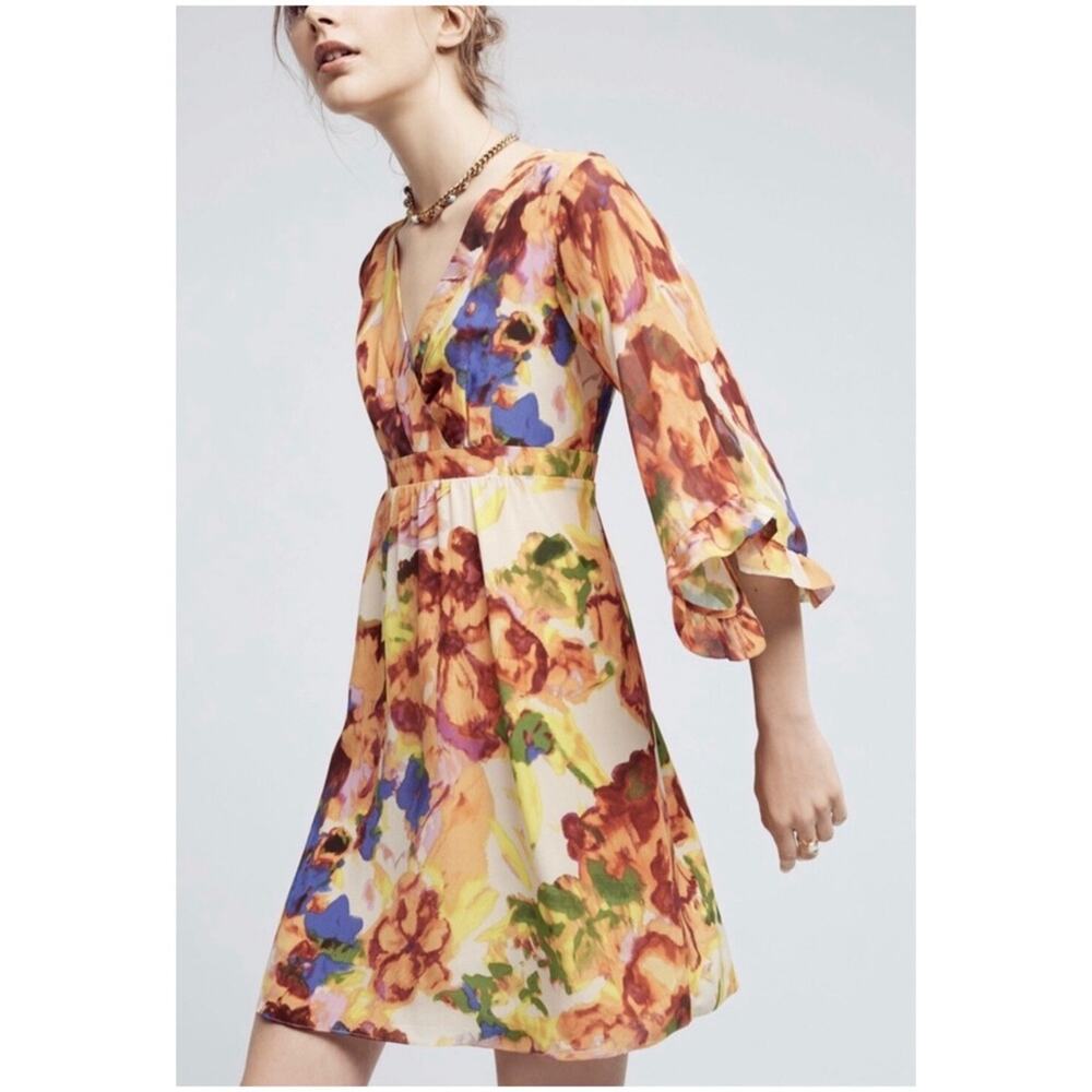 Anthropologie Maeve Women's Sz 2 Floral Silk Mini Dress Cutout Ruffle Deloria